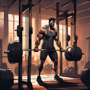 A determined man lifting heavy weights in a dimly lit gym.