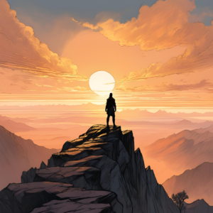 A man stands atop a rugged mountain at sunrise, gazing at a vast horizon.