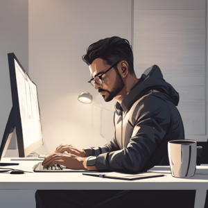 A focused man working at a sleek computer desk, eyes locked on the screen. A notebook and coffee mug sit beside him, symbolizing discipline. Soft ambient light enhances the scene, while a blurred, minimalist background suggests a high-performance workspace dedicated to growth and mastery