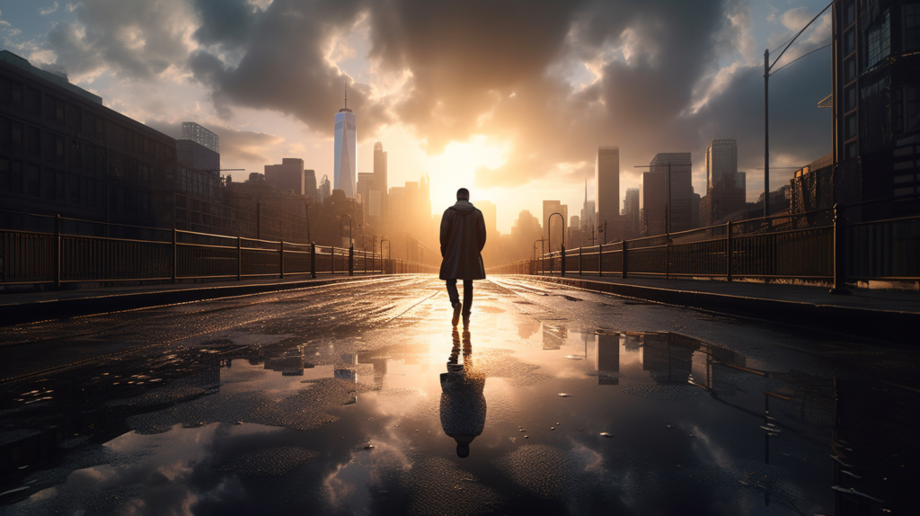 a man walking in a futuristic city after a storm