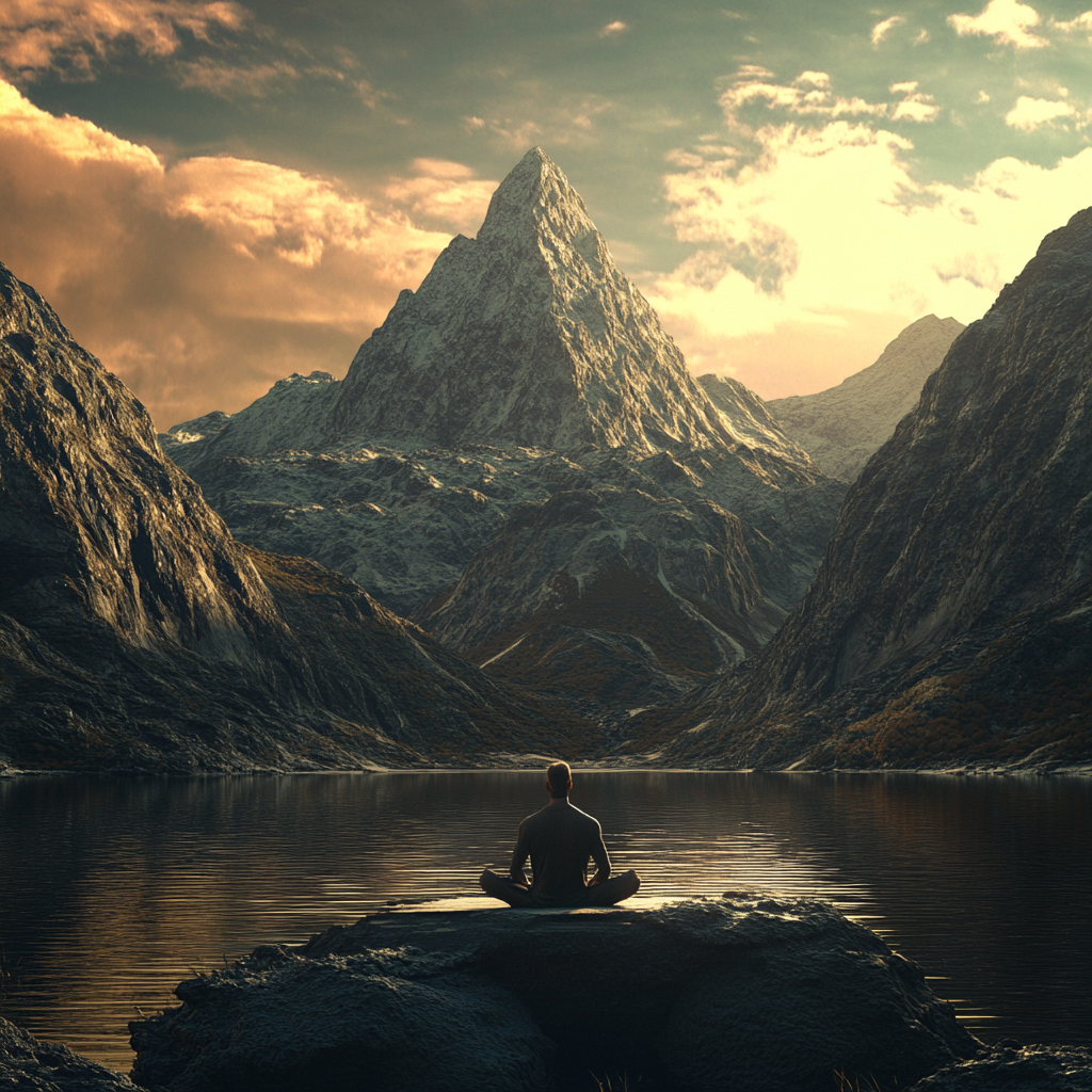 A man meditating infant of a lake and a mountain
